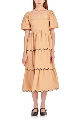 English Factory Puff Sleeve Scallop Trim Cotton Midi Dress Tan/Black at Nordstrom,