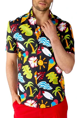 OppoSuits Tropical Thunder Stretch Short Sleeve Button-Up Shirt Black at Nordstrom,