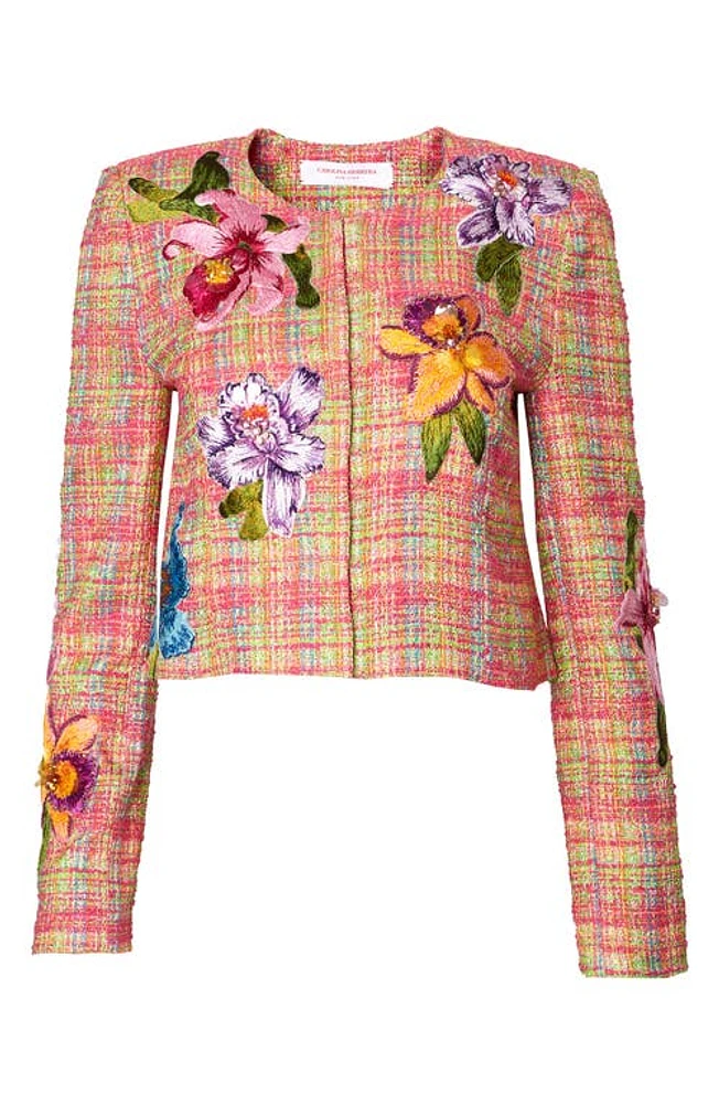 Carolina Herrera Embroidered Floral Check Jacket Ivory Multi-Color at Nordstrom,