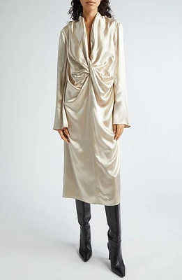 Interior The Reese Long Sleeve Satin Midi Dress Champagne at Nordstrom,