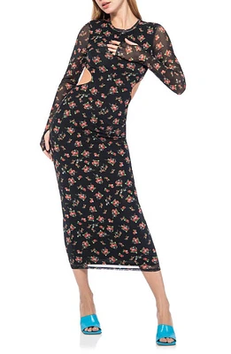 AFRM Janet Floral Cutout Long Sleeve Mesh Midi Dress in Noir Rose Garden at Nordstrom, Size Medium