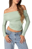 EDIKTED Off the Shoulder Side Ruched Knit Top Green at Nordstrom,