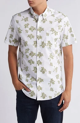 Nordstrom Tech-Smart Trim Fit Floral Short Sleeve Performance Button-Down Shirt White- Olive Tropical at Nordstrom,