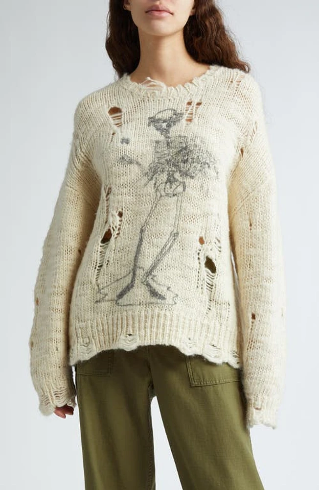 R13 Skeleton Distressed Wool Sweater Cream at Nordstrom,