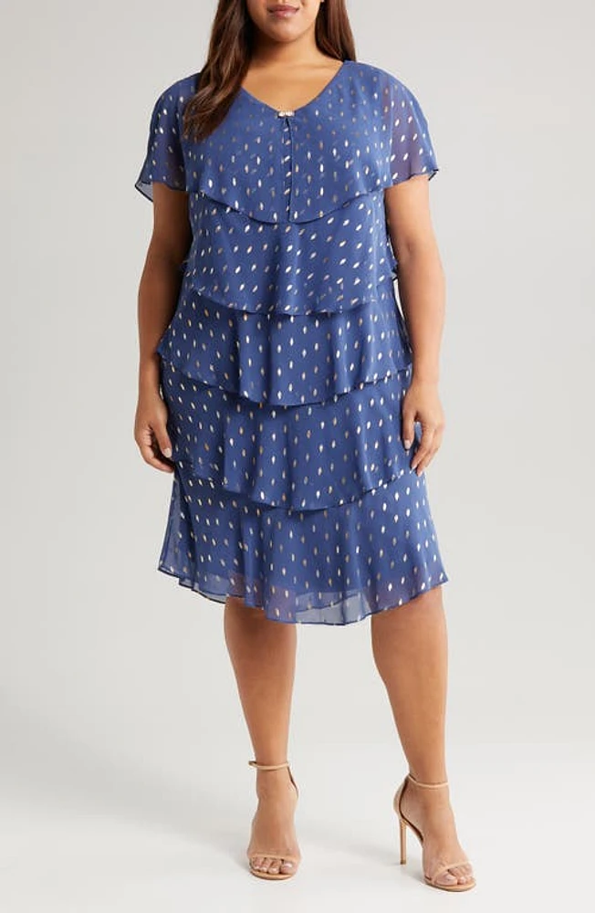 SLNY Foil Print Tiered Cocktail Dress Wedgewood at Nordstrom,