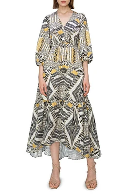 MELLODAY Print Tie Back Tiered Midi Dress Yellow Black at Nordstrom,