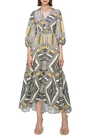 MELLODAY Print Tie Back Tiered Midi Dress Yellow Black at Nordstrom,