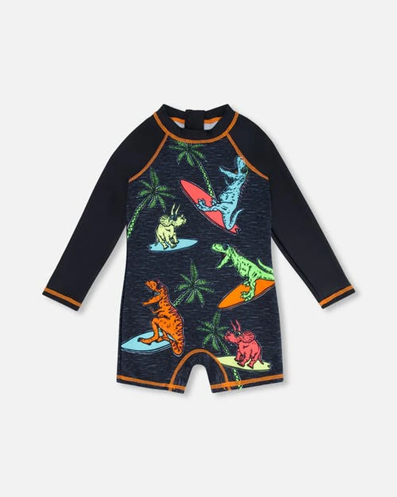 Deux Par Deux Boy's Long Sleeve One Piece Rashguard Black Printed Dinosaurs at Nordstrom