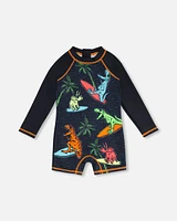 Deux Par Deux Boy's Long Sleeve One Piece Rashguard Black Printed Dinosaurs at Nordstrom