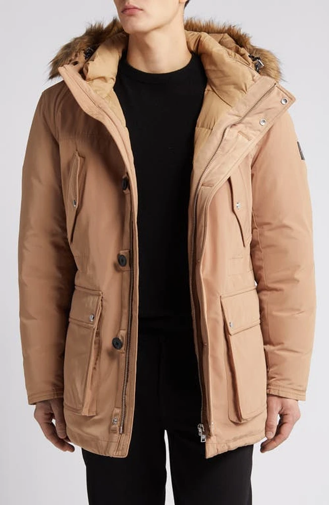 BOSS Dadico Water Repellent Faux Fur Trim Down Hooded Parka Medium Beige at Nordstrom,