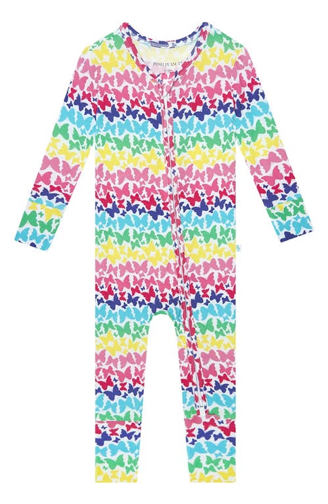 Posh Peanut Rainbow Butterfly Print Fitted Convertible Footie Pajamas Open White at Nordstrom,