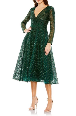 Mac Duggal Bead & Sequin Long Sleeve Tulle Fit Flare Dress Emerald at Nordstrom,