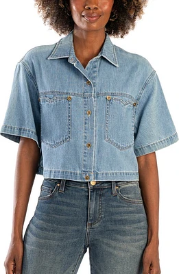 KUT from the Kloth Birdie Short Sleeve Denim Button-Up Shirt Medium Wash at Nordstrom,