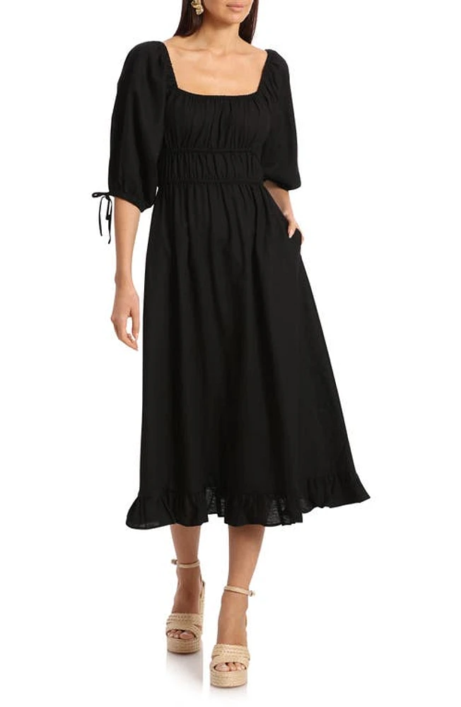 Avec Les Filles Ruched Bodice Linen Blend Midi Dress Black at Nordstrom,