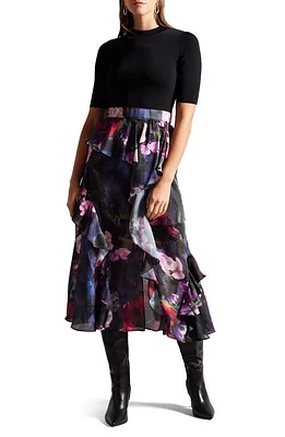 Ted Baker London Rowana Mixed Media Midi Dress in Black at Nordstrom, Size 6