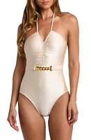 L'AGENCE Leila Belted Halter One-Piece Swimsuit Champagne at Nordstrom,