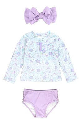 RuffleButts Fairytale Garden Long Sleeve Two-Piece Swimsuit & Headband Set in Periwinkle at Nordstrom, Size 18-24M