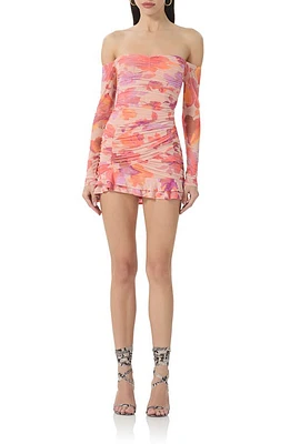 AFRM Adrian Ruched Off the Shoulder Long Sleeve Minidress Beige Marble Floral at Nordstrom,