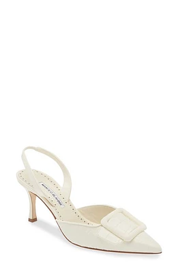 Manolo Blahnik Mayslibi Pointed Toe Croc Embossed Slingback Pump Cream/White at Nordstrom,