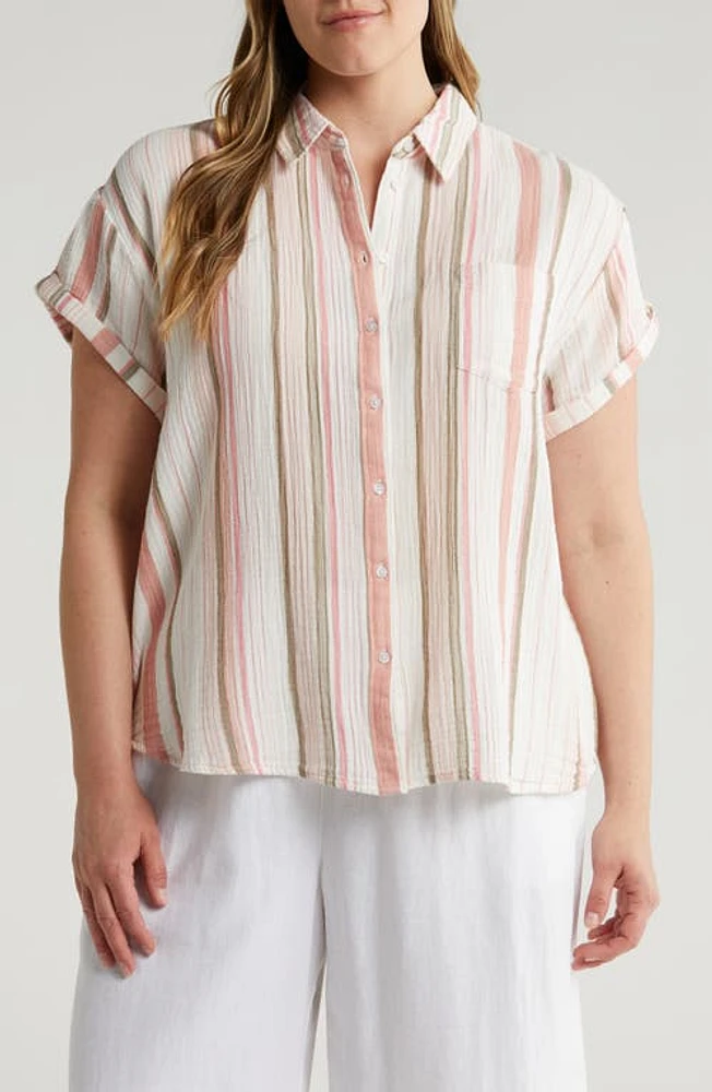 caslon(r) Stripe Short Sleeve Cotton Gauze Button-Up Shirt Pink at Nordstrom,