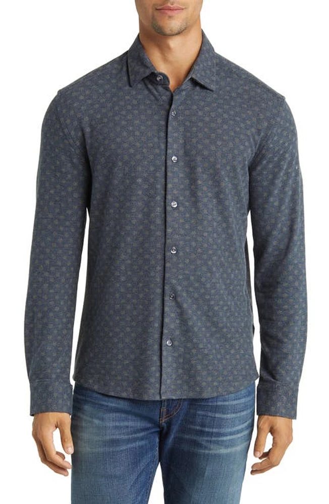 Stone Rose Geo Print Wrinkle Resistant Tech Fleece Button-Up Shirt Navy at Nordstrom,