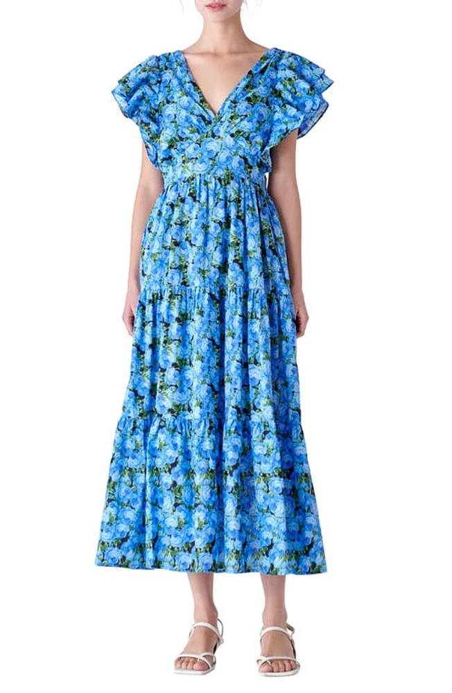 English Factory Floral Flutter Sleeve Open Back Dress Blue at Nordstrom,