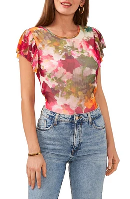 Vince Camuto Floral Flutter Sleeve Mesh Top Antique White at Nordstrom,