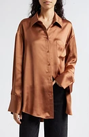 Alice + Olivia Finely Oversize Satin Button-Up Shirt Camel at Nordstrom,