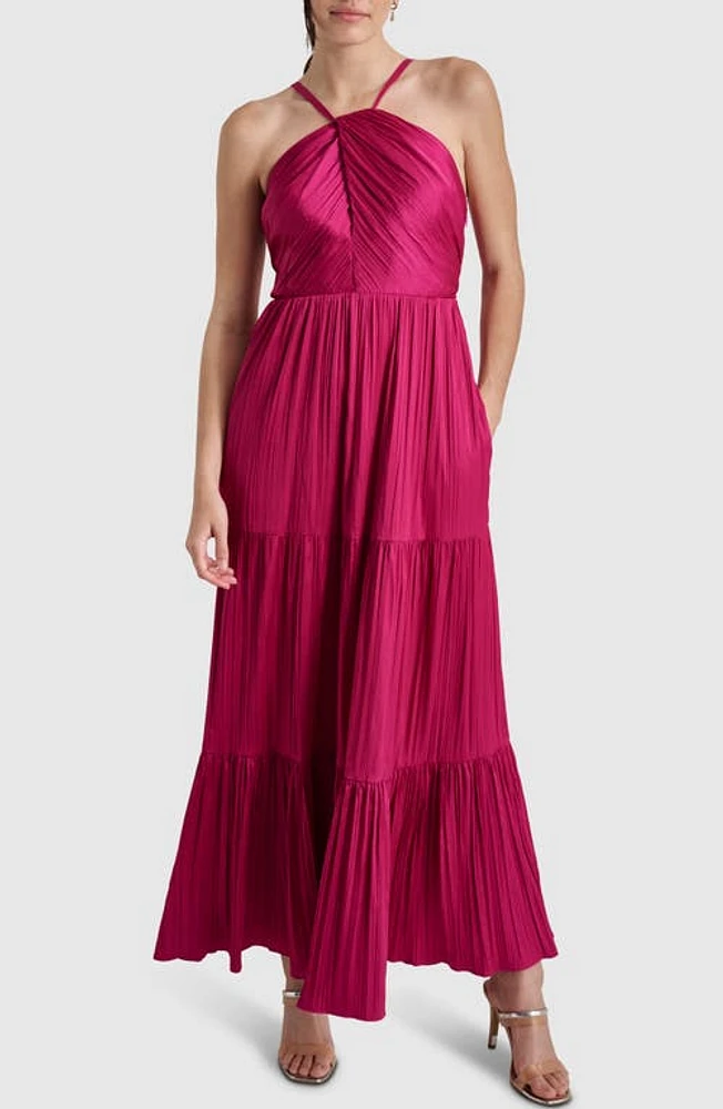 DKNY Plissé Halter Maxi Dress Raspberry Cocktail at Nordstrom,