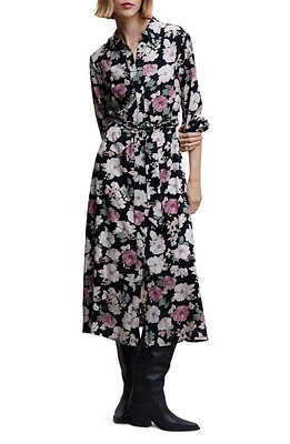 MANGO Floral Long Sleeve Shirt Dress in Black at Nordstrom, Size 4