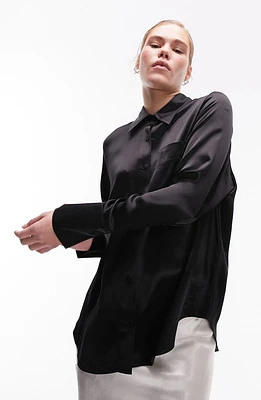 Topshop Oversize Satin Button-Up Shirt Black at Nordstrom, Us