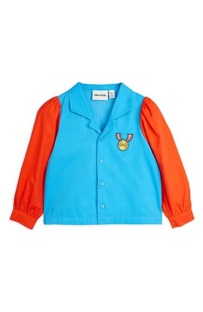 Mini Rodini Kids' Colorblock Embroidered Organic Cotton Button-Up Shirt Blue Multi at Nordstrom,