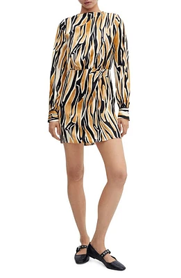 MANGO Abstract Print Long Sleeve Satin Minidress in Caramel at Nordstrom, Size 4