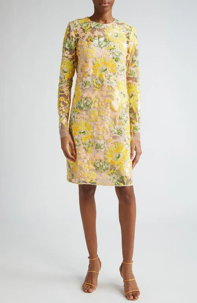 Lela Rose Sequin Embroidered Long Sleeve Shift Dress Limoncello at Nordstrom,