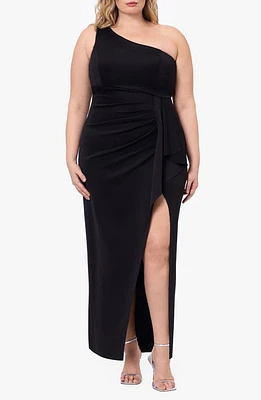 Xscape Evenings Ruffle One-Shoulder Scuba Gown Black at Nordstrom,