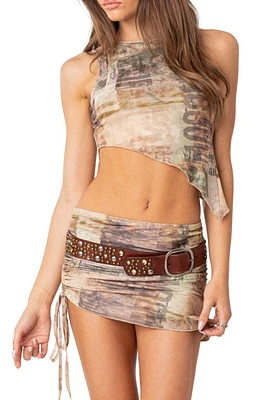 EDIKTED Boa Mesh Asymmetric Crop Tank Brown Mix at Nordstrom,