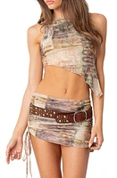 EDIKTED Boa Mesh Asymmetric Crop Tank Brown Mix at Nordstrom,