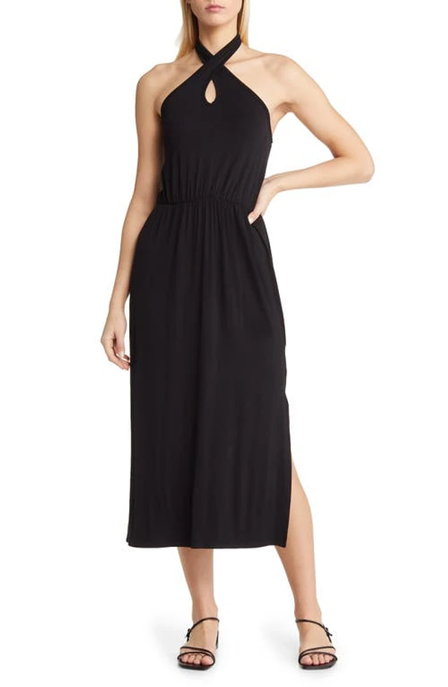 Loveappella Twist Halter Neck Midi Dress Black at Nordstrom,