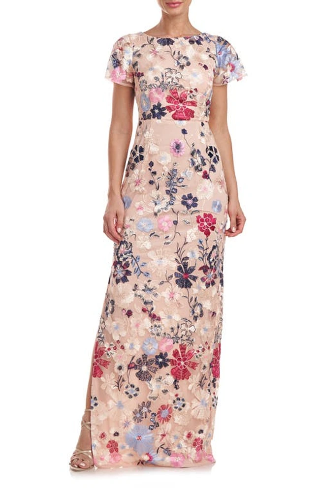 JS Collections Magnolia Floral Embroidery Gown Rose Gold Multi at Nordstrom,