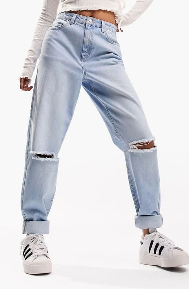 ASOS DESIGN Ripped Relaxed Mom Jeans Light Blue at Nordstrom, Tall