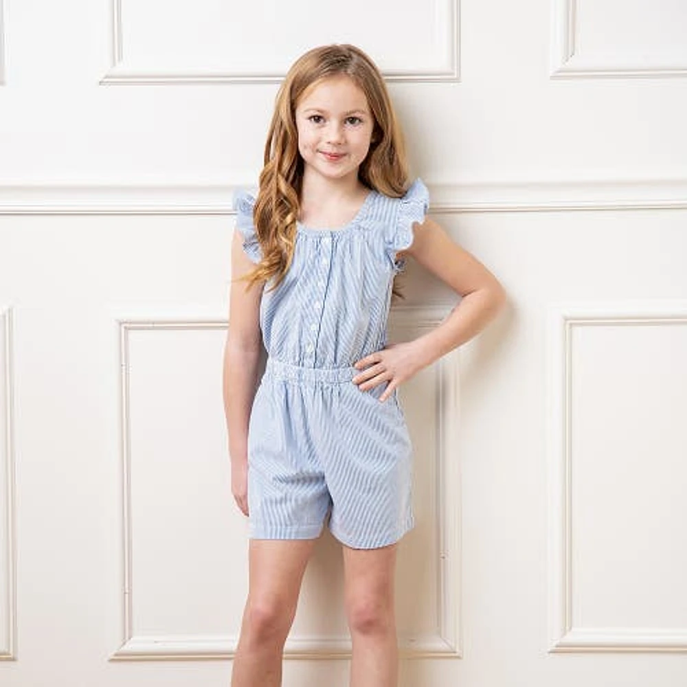 Hope & Henry Girls' Flutter Sleeve Button Front Seersucker Romper, Kids in Blue Seersucker at Nordstrom, Size 6