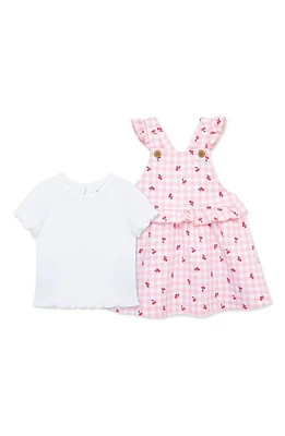 Little Me Lettuce Edge T-Shirt & Cherry Gingham Knit Pinefore Set Pink at Nordstrom,