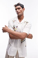 Topman Floral Embroidered Dobby Camp Shirt White at Nordstrom,