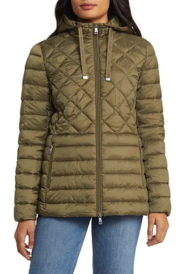 Lauren Ralph Mix Quilt Hooded Puffer Jacket Olive Fern at Nordstrom,