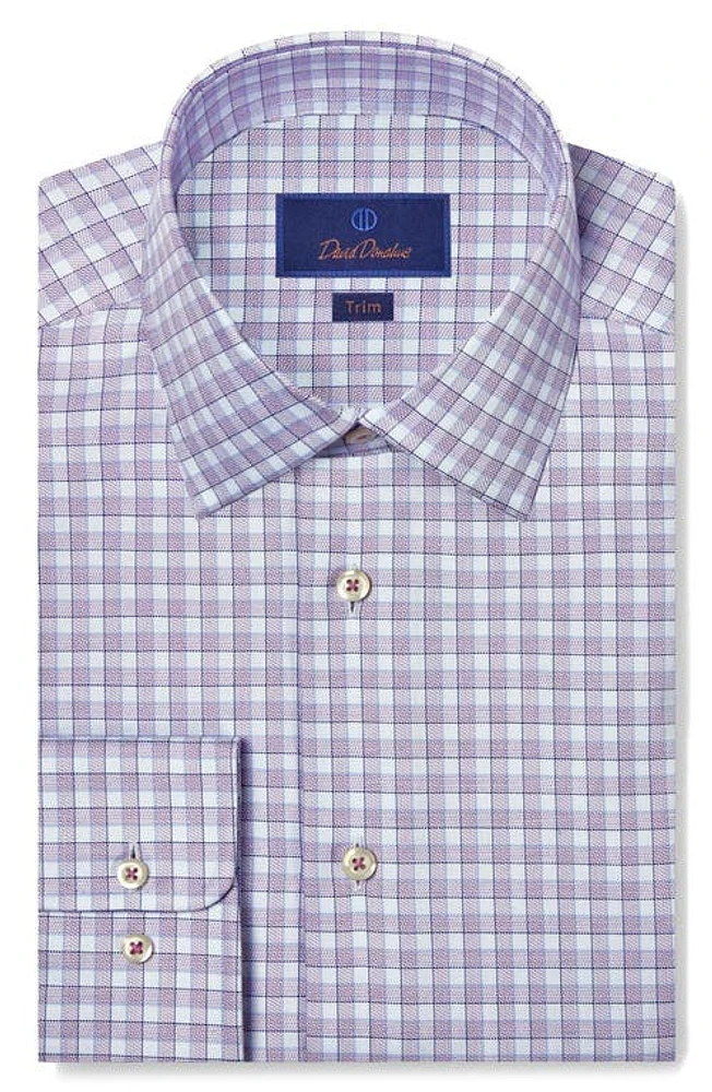 David Donahue Trim Fit Herringbone Check Dress Shirt Purple/Sky at Nordstrom,