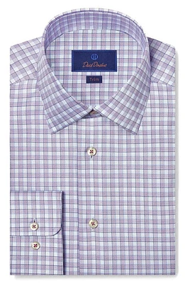 David Donahue Trim Fit Herringbone Check Dress Shirt Purple/Sky at Nordstrom,