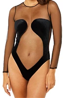 Etam Intrigante Long Sleeve Mesh & Velvet Bodysuit Black at Nordstrom,