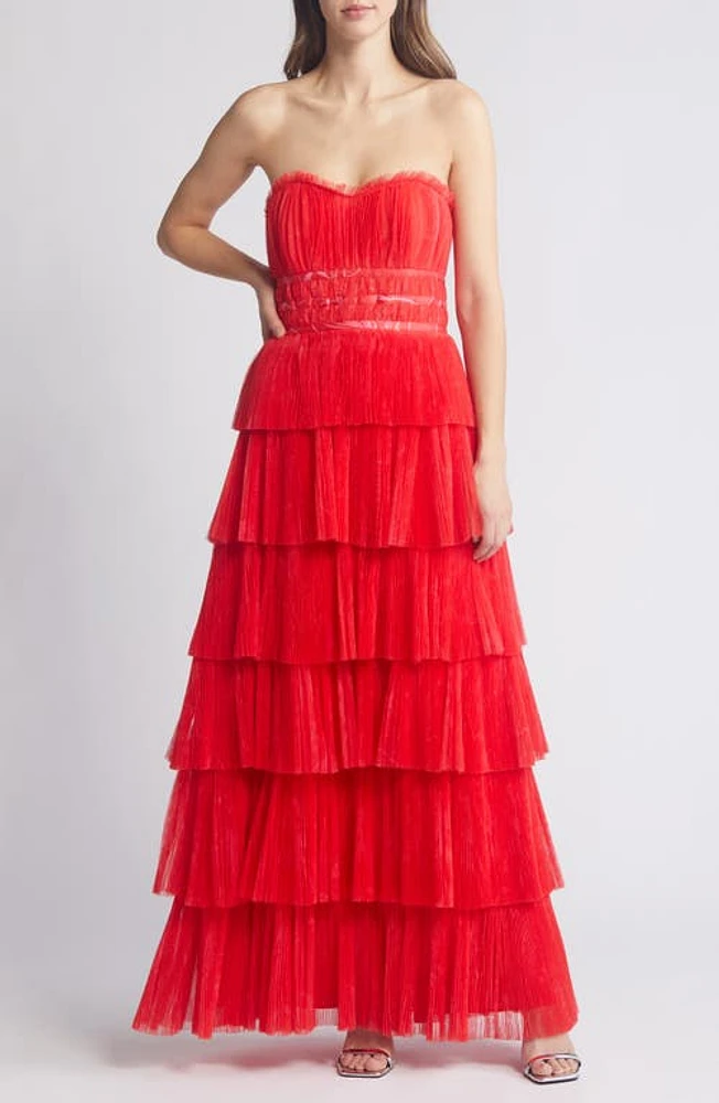 Hutch Evi Strapless Plissé Gown Red Romantic Sketched Floral at Nordstrom,