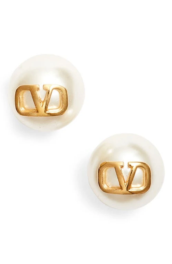 Valentino Garavani VLOGO Imitation Pearl Stud Earrings in Ivory/gold at Nordstrom