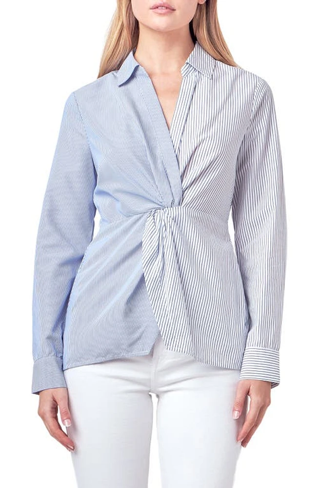 English Factory Block Stripe Twist Front Shirt White/Blue at Nordstrom,